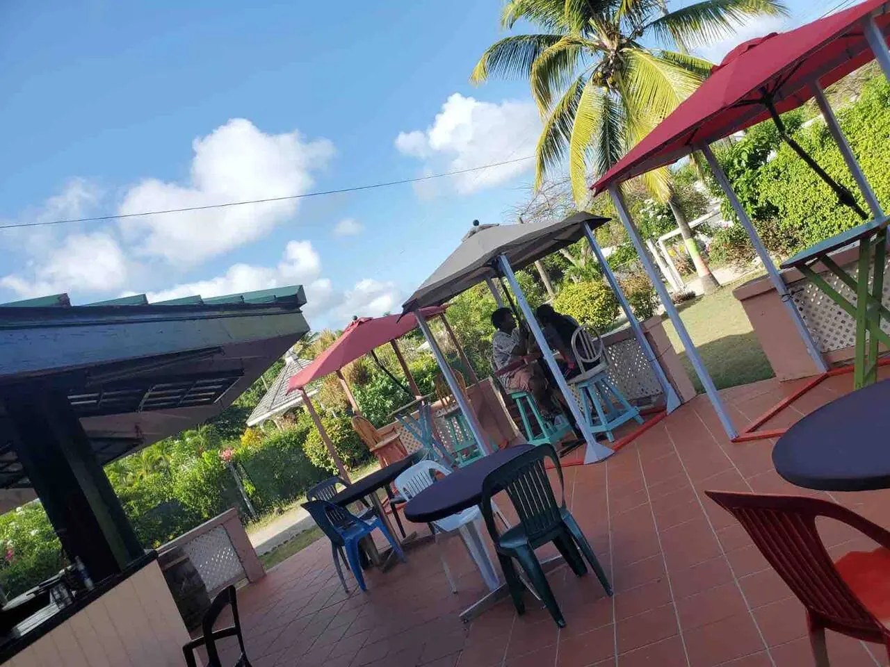 Garden patio with umbrellas