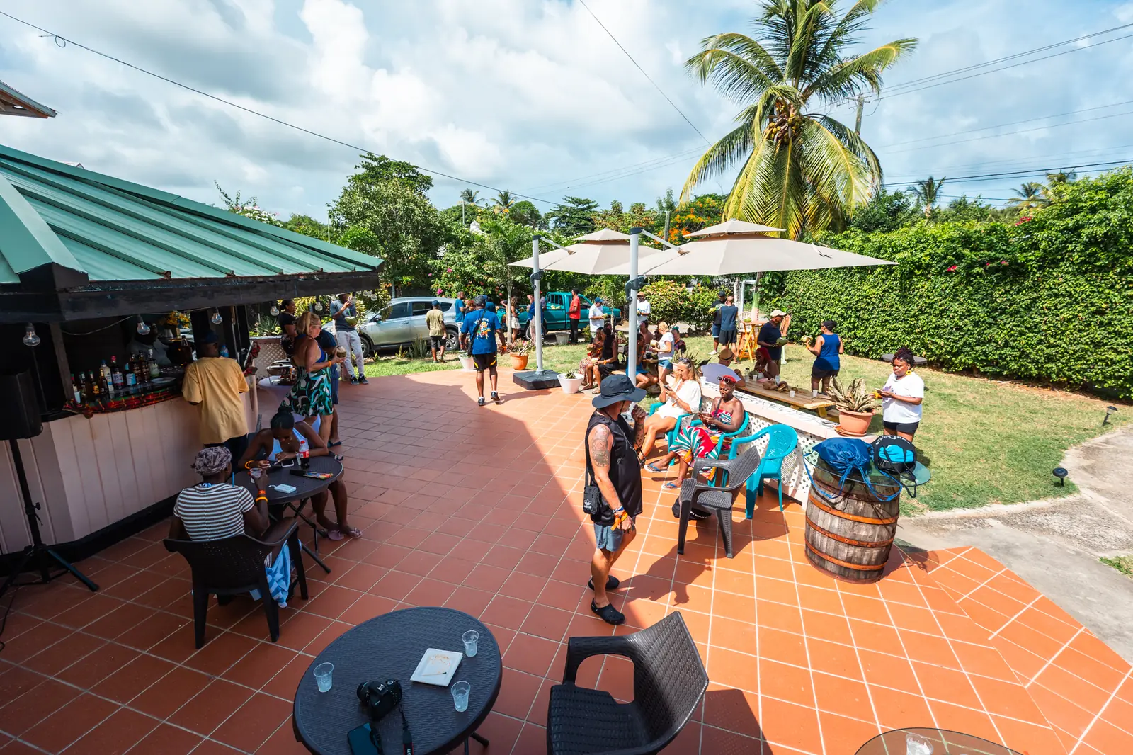The bar patio and garden umbrellas during a lunch event